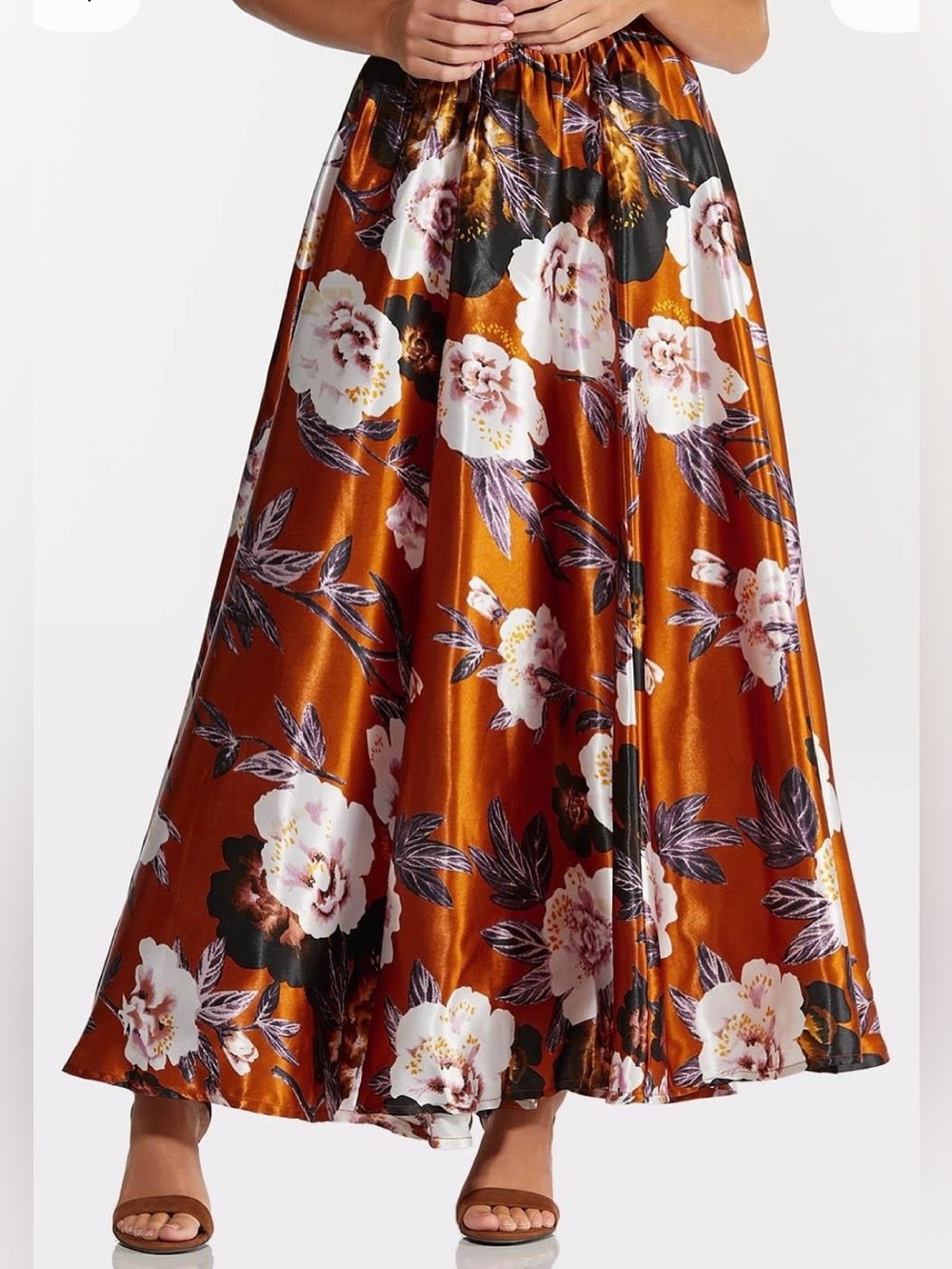 Cato est.1946 Women 22W/24W Floral Satin Maxi Skirt - Rust Floral Maxi Pullon